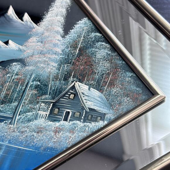 Rare "Winter Scene Lake Cabin" Original Painted on Mirror-Clemons-Pastels - Picture 13 of 16